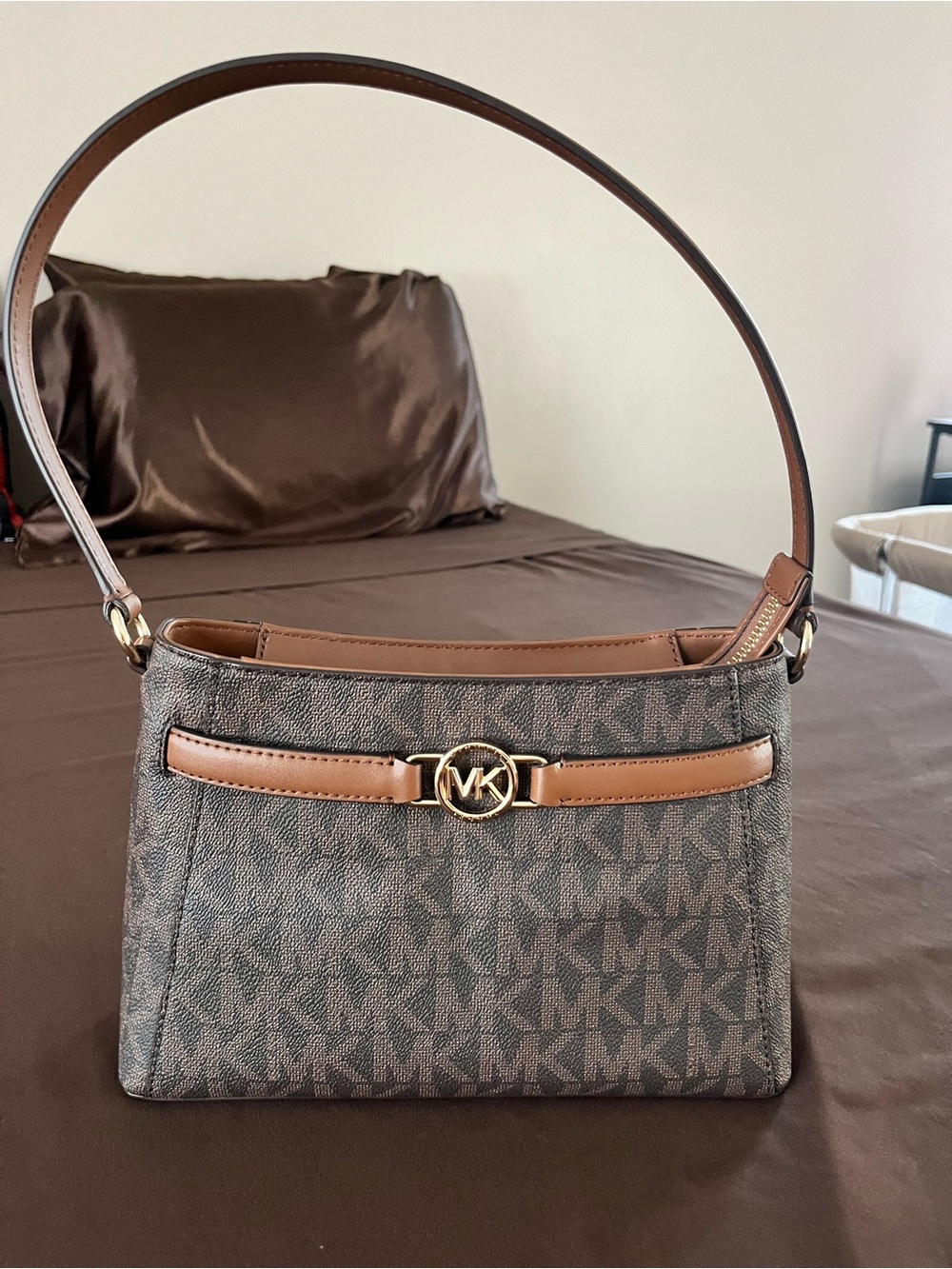 Michael Kors Brown MK Logo Shoulder Bag with Tan Trim